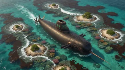 An aerial view of a submarine threading a narrow channel between coral reefs and islets.