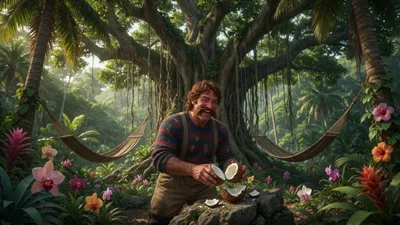 A large Canadian splitting a coconut at the edge of a dense tropical forest.