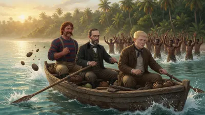 Three men rowing hard away from a beach as islanders wade into the surf behind them.