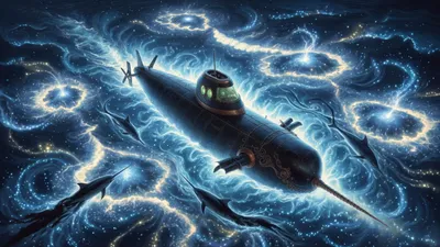 A submarine surrounded by a vast field of glowing blue-white light in the night sea with fish swimming through it.