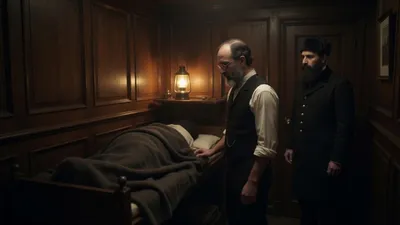 A professor in shirtsleeves examining a bandaged sailor in a bunk while the captain watches from the wall.