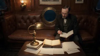 A bearded professor writing in a journal by lamplight in a submarine cabin at night.