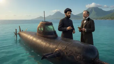A captain and a professor talking on a submarine deck with the mountains of Ceylon in the distance.
