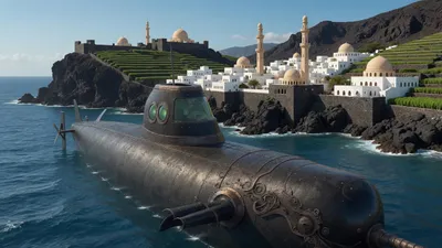 The white town of Muscat with domes and minarets against black rock, seen past a submarine's deck.