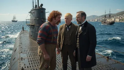 Three men talking quietly and urgently beside the lantern on a submarine deck.