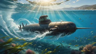 A submarine moving at high speed just below the surface of a sunlit blue sea.