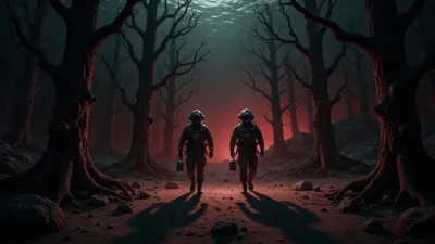 Two helmeted divers walking through a petrified underwater forest lit by a distant red glow.
