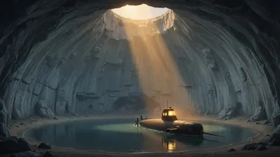 A submarine floating on a lake inside a huge extinct volcano with daylight coming through a hole in the roof.