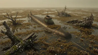 A vast expanse of floating brown seaweed and old wreckage with a submarine moving beneath it.