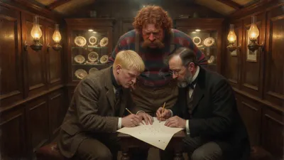 Three men working out a calculation together by lamplight in a submarine cabin.