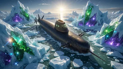 A submarine among towering green and violet icebergs under a low Antarctic sun.