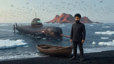 A captain stepping ashore alone onto a black volcanic beach in an open polar sea.