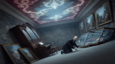 A submarine saloon tilted hard over with furniture upset and a man picking himself up off the floor.