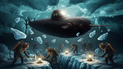 Helmeted divers with pickaxes cutting a trench in an ice floor beneath a submarine.