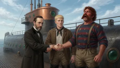 Three men on a submarine deck breathing fresh air, two clasping hands and one gulping the wind.