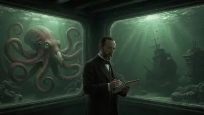 A huge squid outside a submarine window while a professor calmly sketches it from inside.