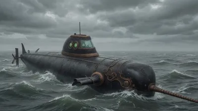 A submarine drifting without direction on a grey empty sea under overcast sky.