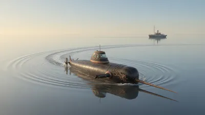 A submarine circling on a calm sea with an unflagged steamer visible on the horizon.