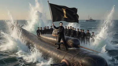 A captain raising a black flag on a submarine deck under fire while his crew stand behind him.