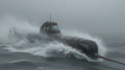 A submarine running at speed through grey northern fog with no one on deck.