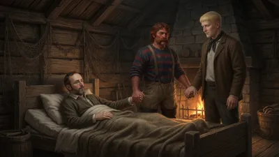 A man waking on a bed in a Norwegian fisherman's hut with two companions holding his hands.