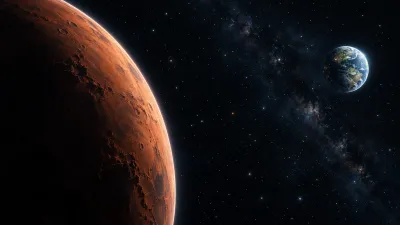 A wide view of deep space showing the small blue-green Earth far away on the right and the dark red curved edge of another planet looming close on the left.