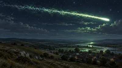 A bright meteor with a long green trail streaks across a huge night sky above dark English countryside and a sleeping town.
