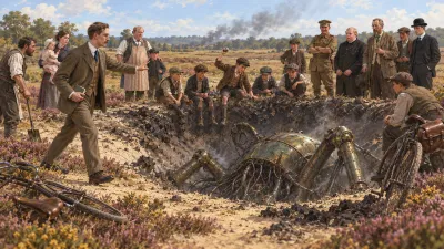 About twenty Victorian villagers stand around the rim of a large sandy crater on a heath while boys sit on the edge throwing stones and a bespectacled man raises a hand to stop them.