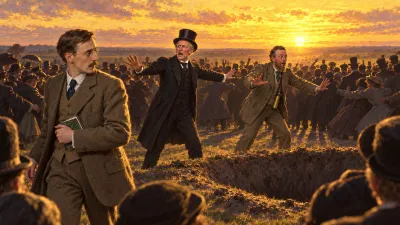 A large crowd stands silhouetted black against a lemon-yellow sunset while two men at the pit edge turn and spread their arms to hold them back, one in a frock coat and silk hat.