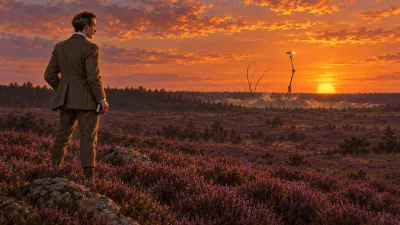 A bespectacled Victorian man stands alone in deep heather at sunset, watching a slender rod with a spinning disc rising above distant sand heaps.