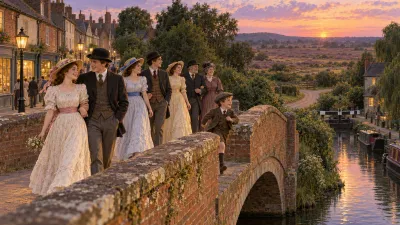 Victorian young people in summer clothes stroll in twos and threes over a brick canal bridge at dusk, heading along a hedged road towards open heathland.