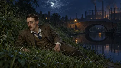 A hatless Victorian man with a burst collar props himself up in long grass beside a dark canal at night, near a brick bridge and the faint glow of a gasworks.