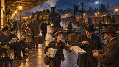A gas-lit Victorian railway platform at night with a waiting steam engine, porters, calm passengers, and a boy selling newspapers in the foreground.