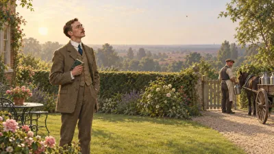 A bespectacled Victorian man stands listening on a suburban lawn on a hazy summer morning, a lark high overhead and a milkman's pony cart at the side gate.