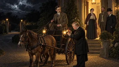 A Victorian man climbs into a lamplit dog cart on a dark gravel drive while a pale woman watches motionless from a brightly lit doorway with two relatives behind her.