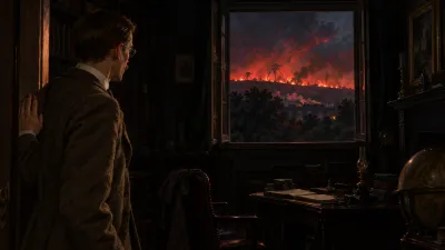 A man silhouetted in a dark study doorway looks towards an open window framing a distant red glare, burning hillside and several indistinct huge black shapes moving across the light.