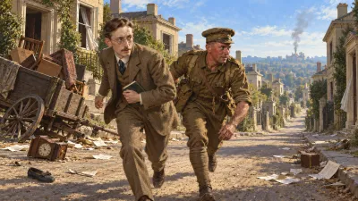 A bespectacled Victorian man and a grimy soldier hurry down a deserted suburban road scattered with a fallen clock, a slipper and a spoon, past a hand cart tipped on a broken wheel.