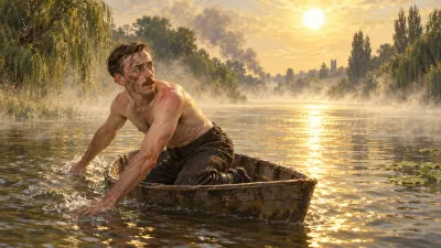 A smoke-smudged Victorian man kneels in a small oarless boat on a steaming river in fierce afternoon sun, paddling with his hands and looking back upstream.
