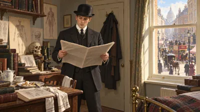 A young man in a dark suit stands reading a newspaper in a book-crowded London lodging room, a busy ordinary street visible through the sash window behind him.