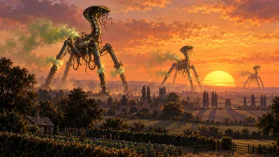 Three towering three-legged metal machines striding in a spread-out line across flat evening farmland, silhouetted against a large orange setting sun.