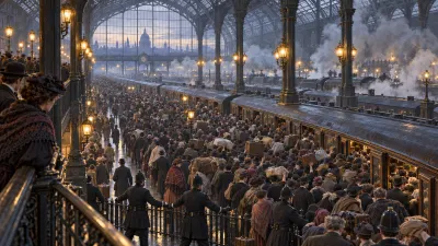 A vast crowd packed along the platforms of a Victorian railway terminus at dawn under an iron and glass roof, steam and gaslight mixing above them.