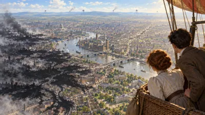 An aerial view of Victorian London as a vast map, roads stippled black with streaming dots of refugees and huge irregular splashes of black spreading over the south-western districts.