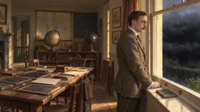 A Victorian man standing at the window of an abandoned children's schoolroom with globes and copybooks, looking out at a flat wall of black vapour that hides the garden and road.