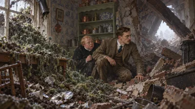 A ruined Victorian kitchen half buried in earth and broken crockery at dawn, with a narrow triangular gap letting in light and two men crouching among the wreckage.