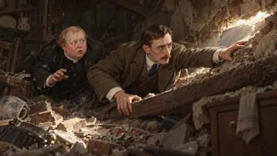 Two men scrambling silently across a rubble-strewn kitchen floor toward a narrow slit of daylight high in a broken wall, both reaching for it at once.