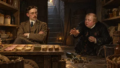 A dim buried scullery where a Victorian man sits guarding a board of carefully divided food portions while a dishevelled clergyman crouches in shadow reaching toward it.