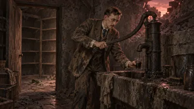 A gaunt Victorian man working a rain-water pump beside a stone sink in a dim ruined scullery, with stripped bare pantry shelves visible through the doorway.
