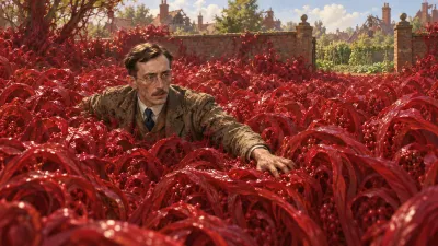 A gaunt Victorian man wading shoulder-deep through dense blood-red vegetation toward a brick garden wall, with a small patch of green garden visible beyond it.
