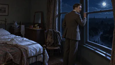 A gaunt Victorian man standing at a moonlit bay window in a deserted inn bedroom, looking out over a completely dark city under the stars.