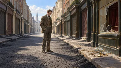 A ragged man standing alone in a deserted Victorian shopping street of shuttered windows and drawn blinds, looking at gold chains scattered on the pavement under a broken jeweller's window.